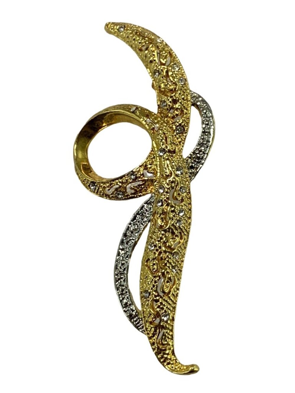 Vintage Abstract Brooch 3.25" Gold and Silver-Tone Pin Avon Rhinestone Accents